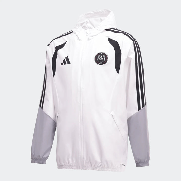 Men's Adidas Orlando Pirates Tiro26 Club windbreaker jacket in white with black three-stripes and grey sleeves, full front
