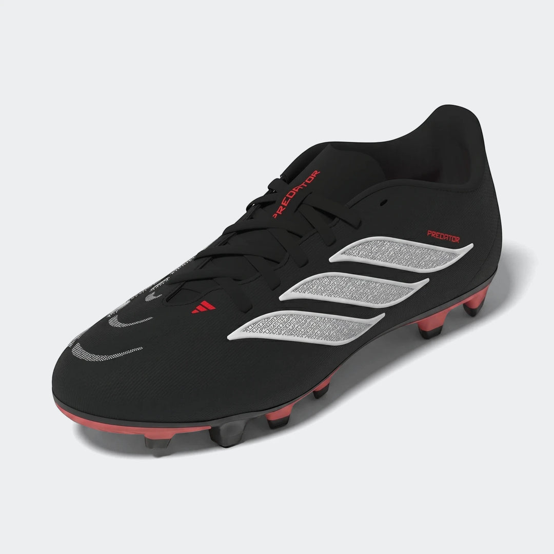 Black Adidas Predator Club Firm Ground / Multi Ground football boot with red accents and white stripes, viewed from a
