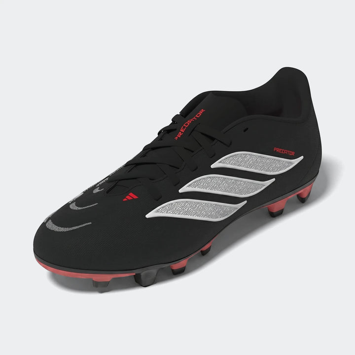 Black Adidas Predator Club Firm Ground / Multi Ground football boot with red accents and white stripes, viewed from a