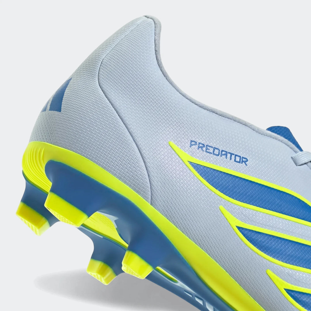 Close-up angled view of a light gray Adidas Predator Club firm ground football boot with blue and neon yellow accents.
