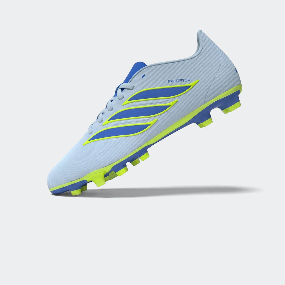 Light blue Adidas Predator Club firm ground football boot with bold blue stripes and neon yellow accents, shown in a dynamic