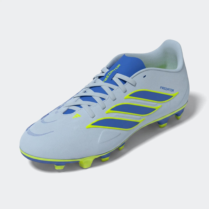 Light blue Adidas Predator Club firm ground football boots with blue stripes and neon yellow accents, shown in a side view.