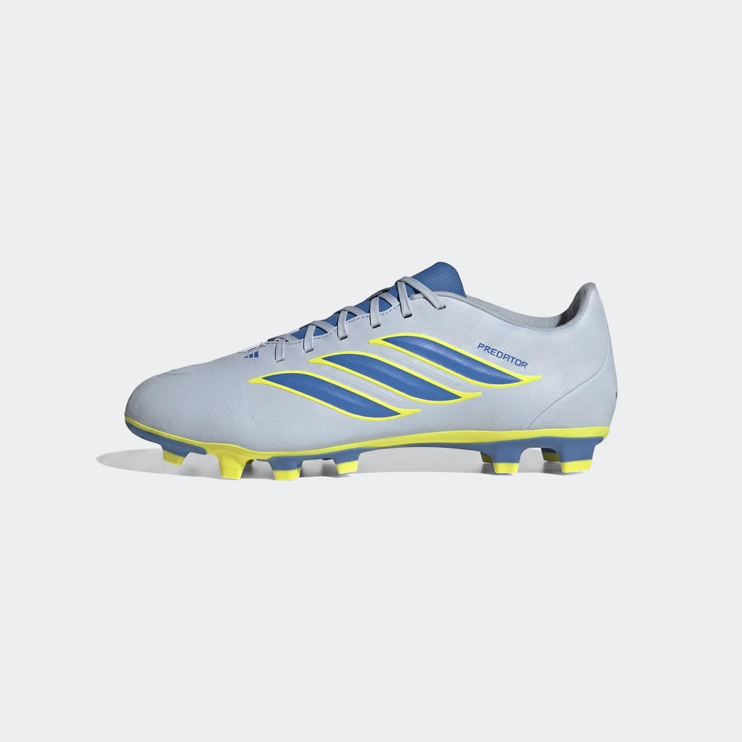Adidas Predator Club Firm Ground / Multi Ground Football Boot in light gray, blue, and yellow, shown from the side.