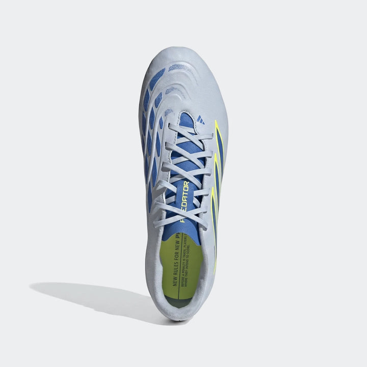 Top-down view of light gray, blue, and yellow Adidas Predator Club Firm Ground / Multi Ground Football Boots with laces.
