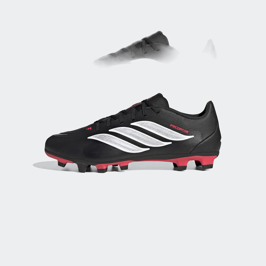 Black and red Adidas Predator Club Firm Ground / Multi Ground Football Boots, featuring white stripes, shown from a side