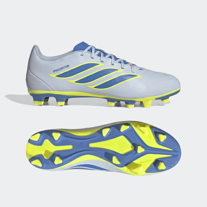 Light grey, blue, and yellow Adidas Predator Club Firm Ground/Multi Ground football boots, shown in a side profile and a