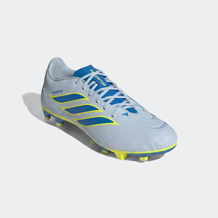 Light grey Adidas Predator Club Firm Ground / Multi Ground Football Boots with blue stripes and yellow studs, side view.