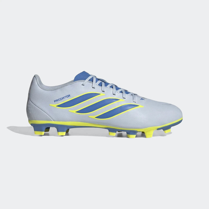 Light gray Adidas Predator Club Firm Ground / Multi Ground Football Boots with blue and yellow stripes, side view.