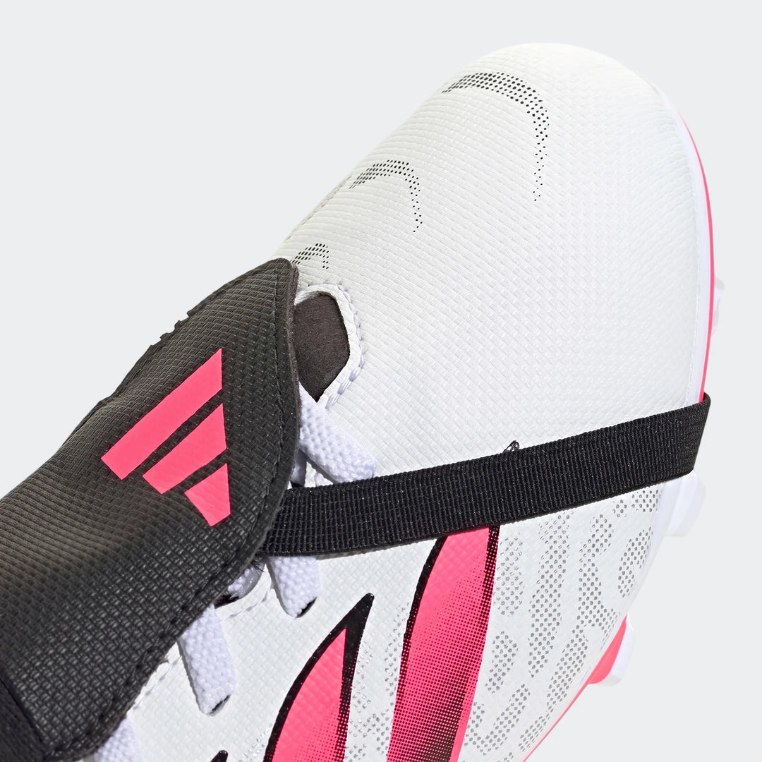 Close-up of white and pink Adidas Predator Club Fold-Over Tongue Firm Ground / Multi Ground Football Boots for kids.