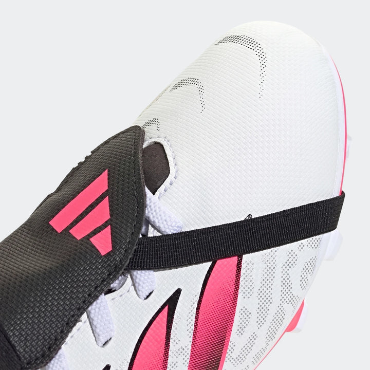 Close-up of white and pink Adidas Predator Club Fold-Over Tongue Firm Ground / Multi Ground Football Boots for kids.