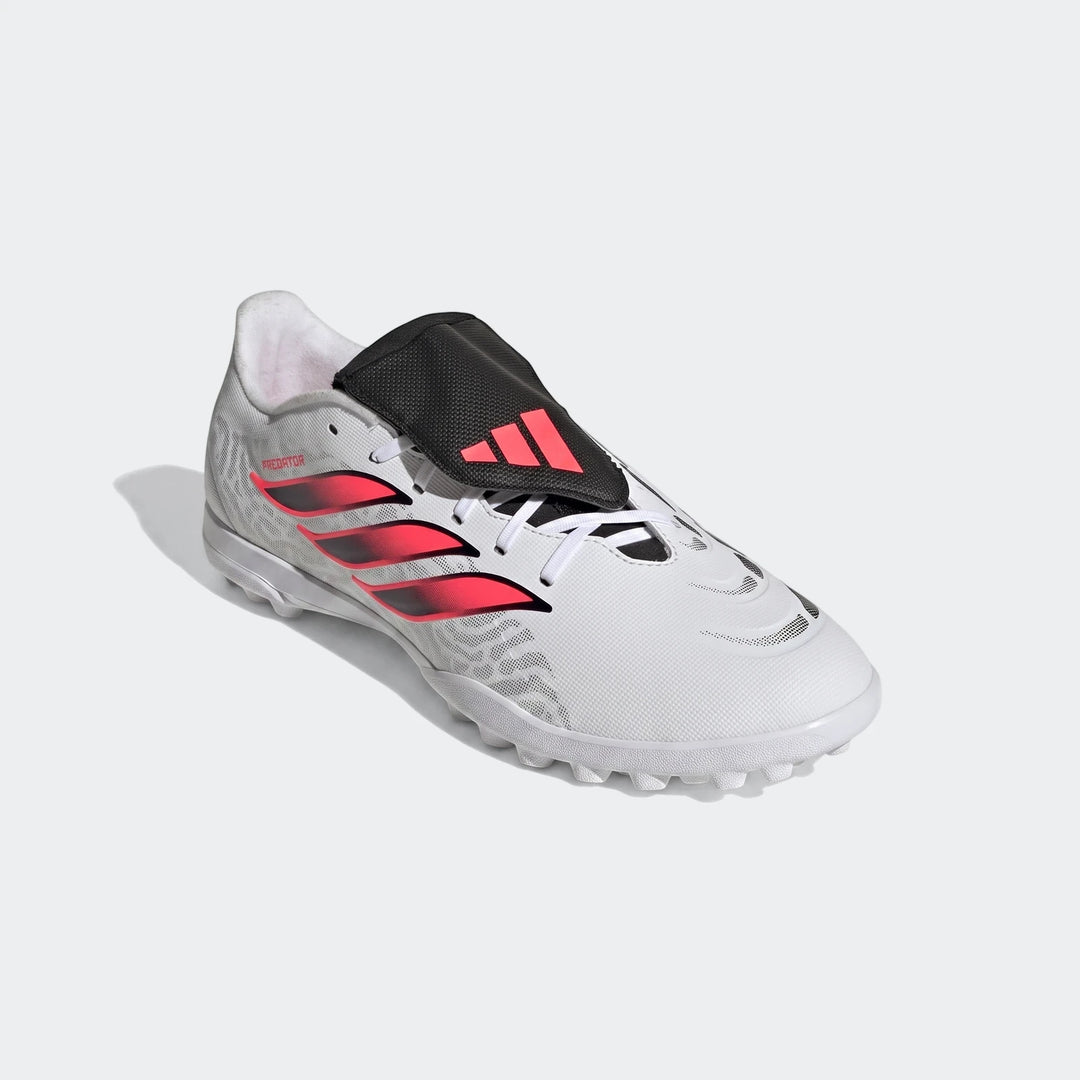 Adidas Predator Club Fold-Over Tongue Turf Football Boots in light grey with black and coral-red accents, shown from an