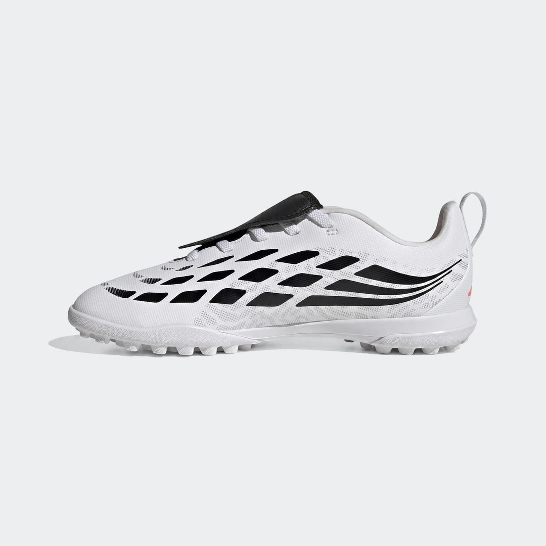 Kids' Adidas Predator Club Fold-Over Tongue Turf Football Boots, white with black accents and elastic laces, side view.
