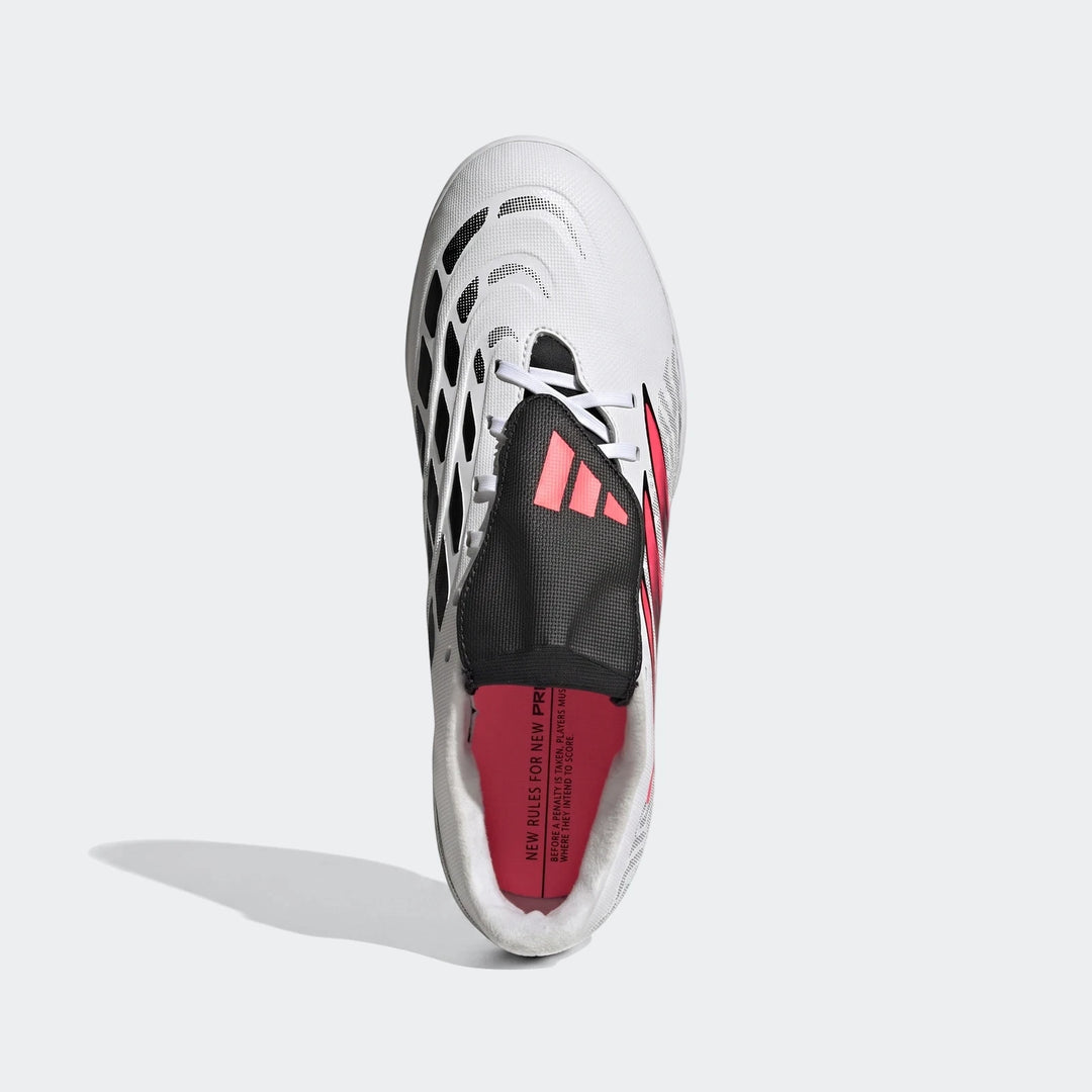 White, black, and pink Adidas Predator Club Fold-Over Tongue Turf Football Boots shown from a top-down perspective.