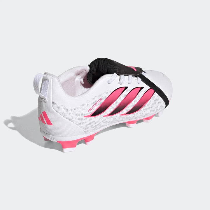White and pink Adidas Predator Club Fold-Over Tongue youth football boots with black stripes, studded sole, side view.