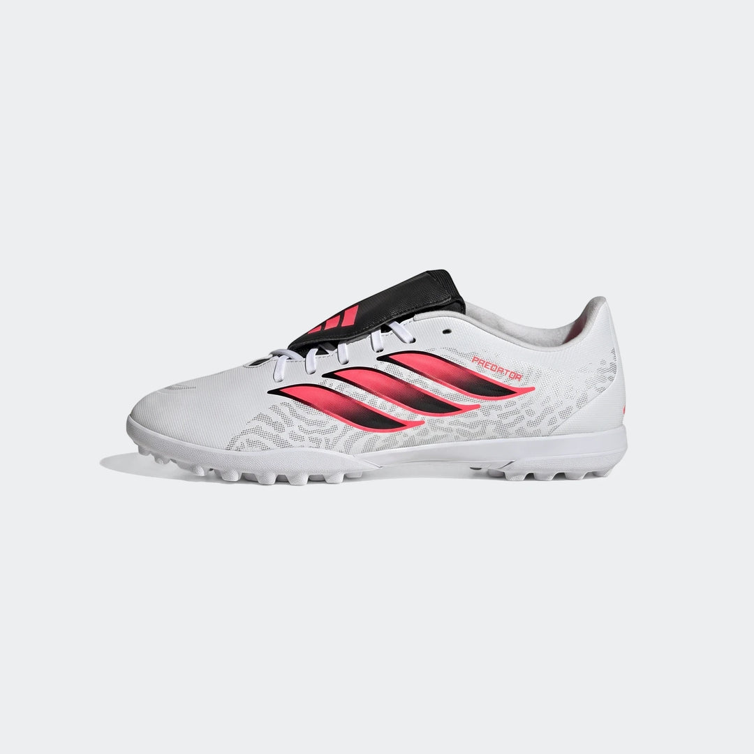 White Adidas Predator Club Fold-Over Tongue Turf Football Boots, featuring bold pink stripes and a textured upper, shown