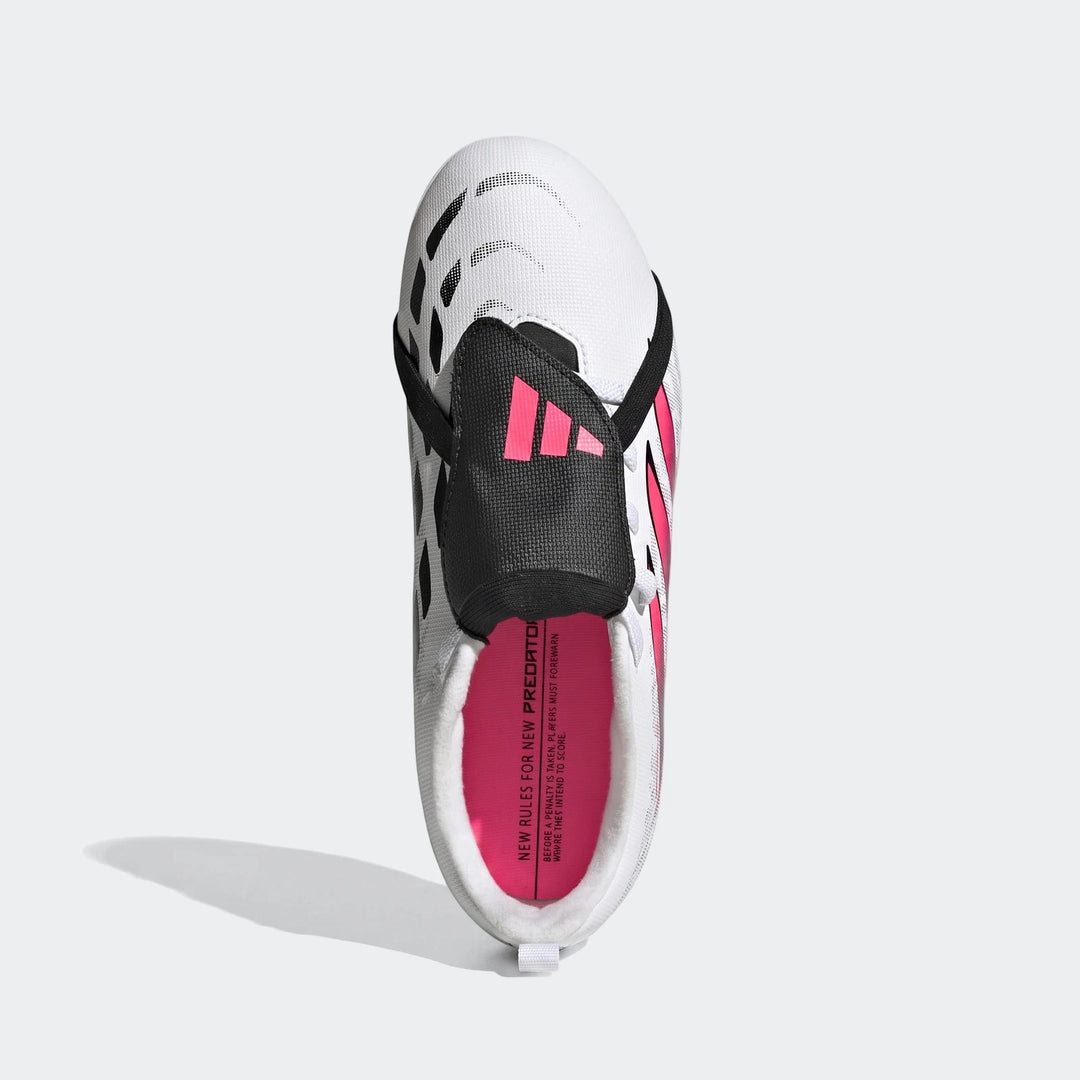 White Adidas Predator Club fold-over tongue firm ground football boot for kids, with pink stripes and a black tongue, viewed