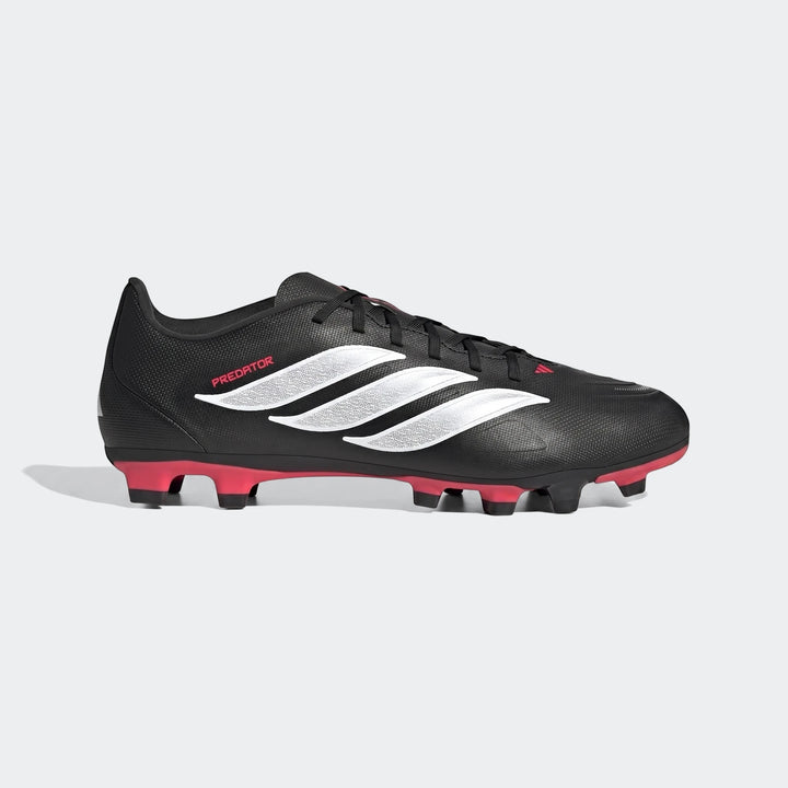 Black and red Adidas Predator Club Firm Ground/Multi Ground football boots with silver stripes, shown in a side view.