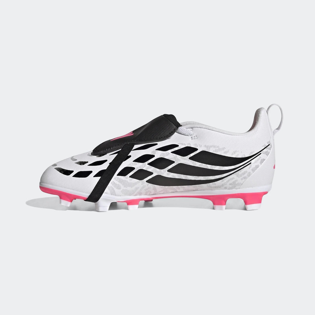 Kids' adidas Predator Club fold-over tongue firm ground football boots in white, black, and pink, shown from the side.