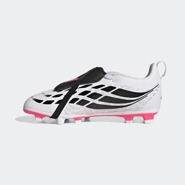 Kids' adidas Predator Club fold-over tongue firm ground football boots in white, black, and pink, shown from the side.