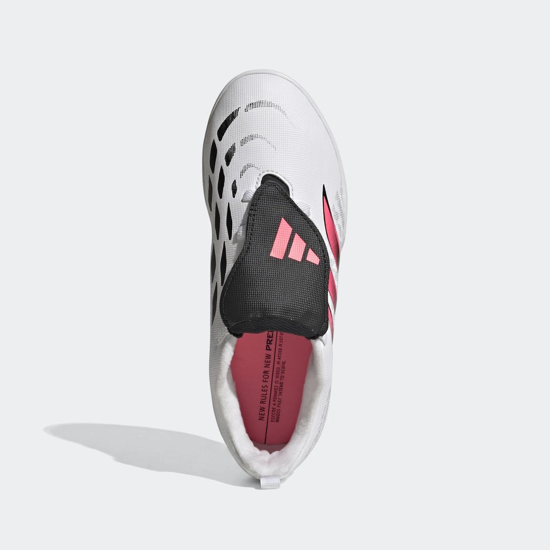 Kids' Adidas Predator Club Fold-Over Tongue Elastic Laces Turf Football Boots in white, black, and pink, shown from a
