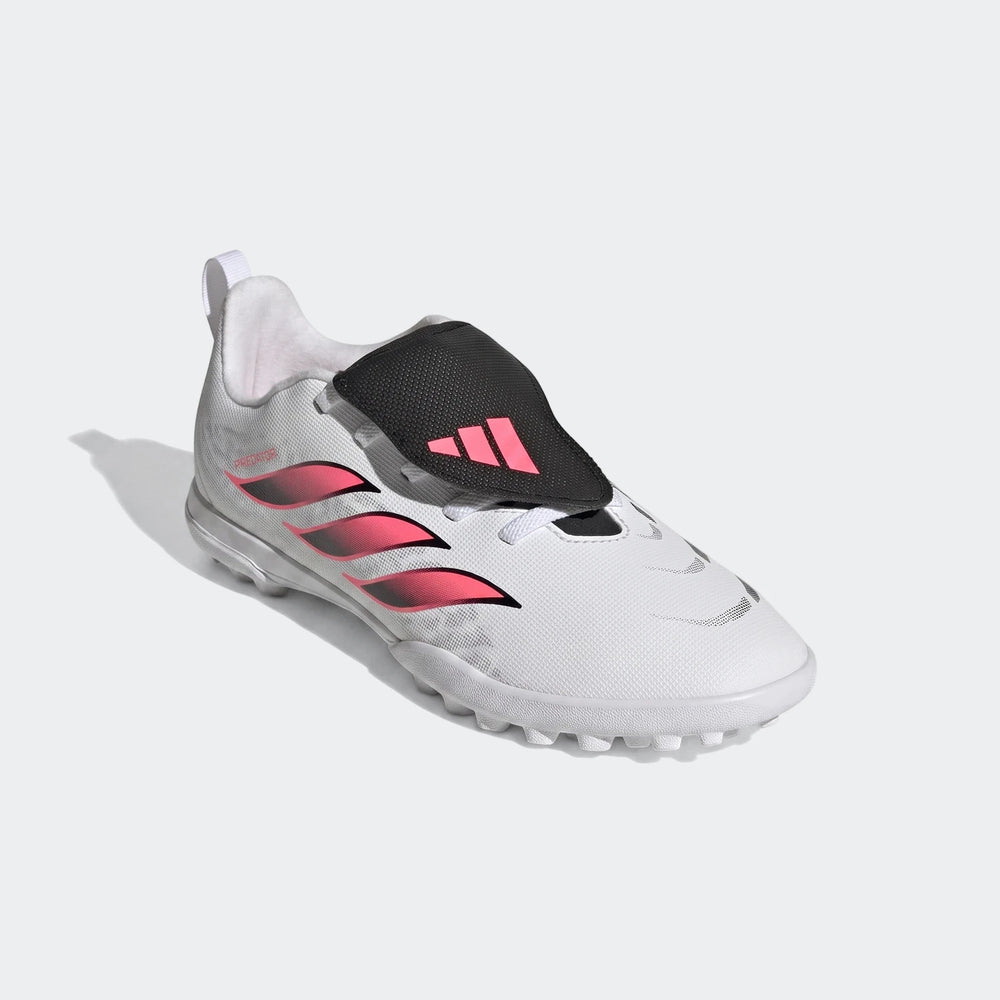 White, black, and pink Adidas Predator Club Fold-Over Tongue Elastic Laces Kids' Turf Football Boots, side view.