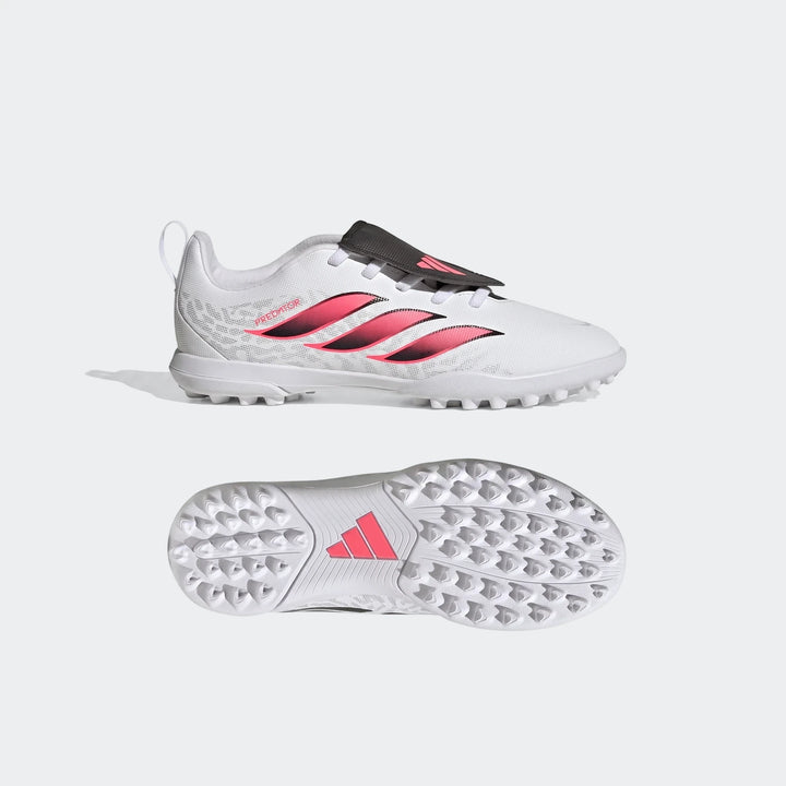 White and pink Adidas Predator Club Fold-Over Tongue Elastic Laces Kids' Turf Football Boots, shown in side and sole views.