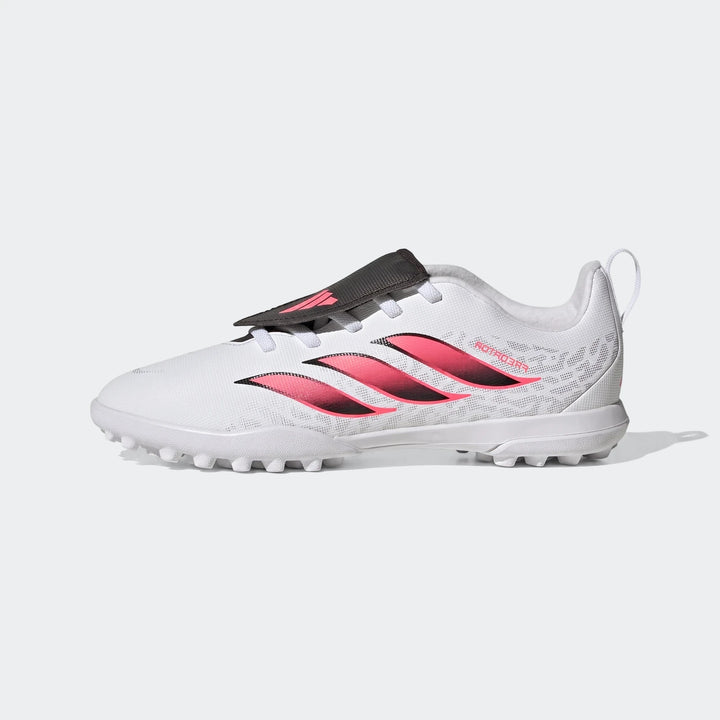 White Adidas Predator Club Fold-Over Tongue Elastic Laces Kids' Turf Football Boots with pink stripes, shown from a side