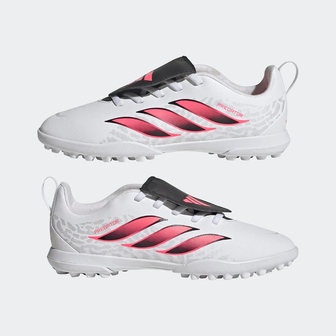 Pair of white and pink Adidas Predator Club Fold-Over Tongue Elastic Laces Kids Turf Football Boots, side view.
