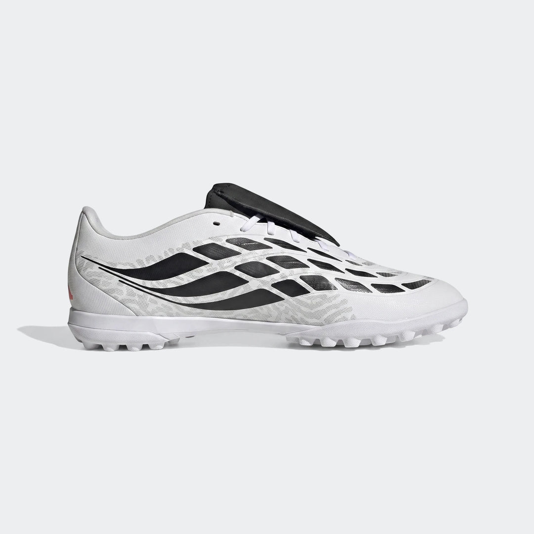 White and black Adidas Predator Club Fold-Over Tongue Turf Football Boot, side view.