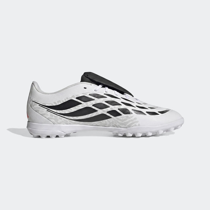 White and black Adidas Predator Club Fold-Over Tongue Turf Football Boot, side view.
