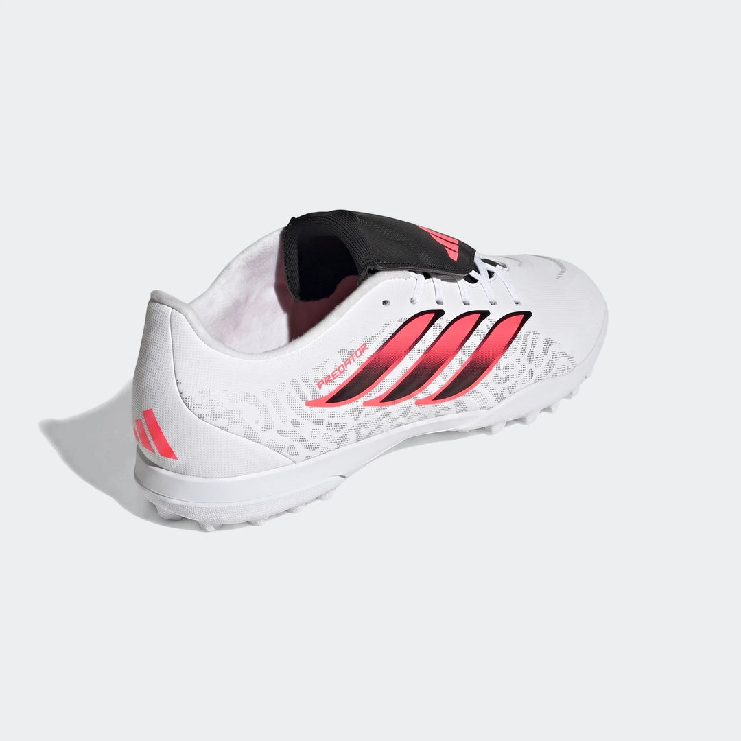 White, solar pink, and black Adidas Predator Club Fold-Over Tongue Turf Football Boots, side rear view.