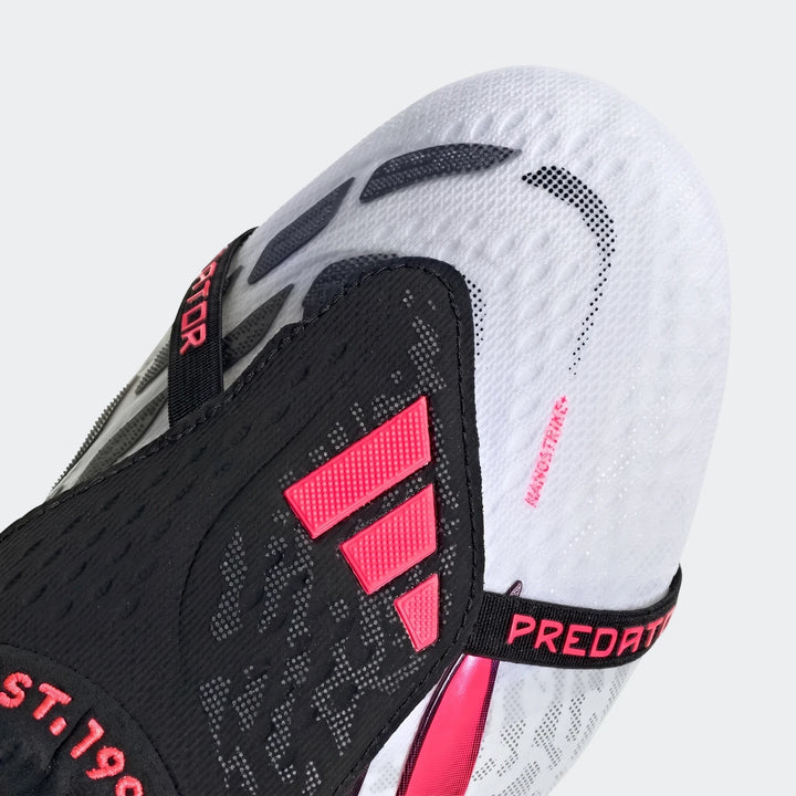 Close-up of a white, black, and hot pink Adidas Predator Elite Fold-Over Tongue Firm Ground Football Boot showing upper