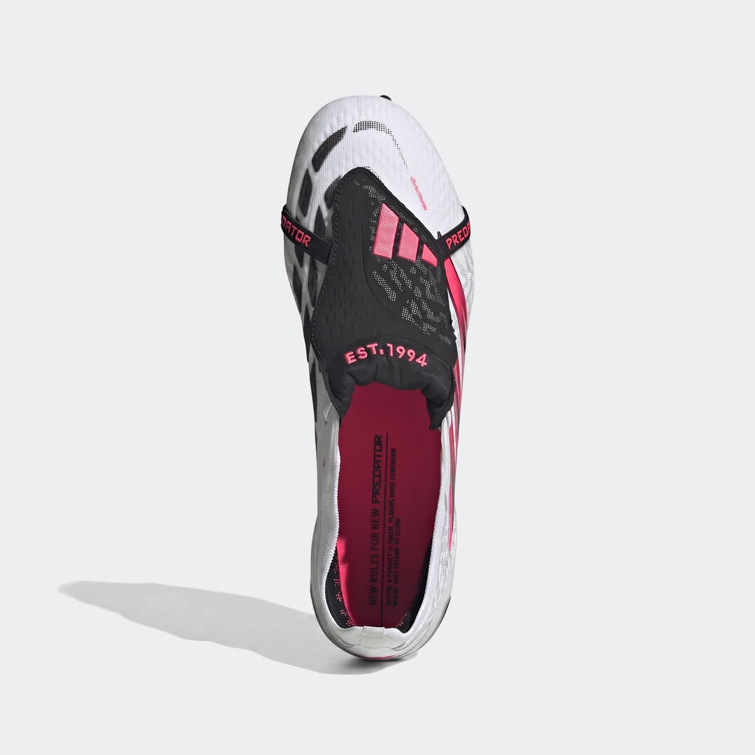 White, black, and pink Adidas Predator Elite Fold-Over Tongue Firm Ground Football Boots, top-down view.