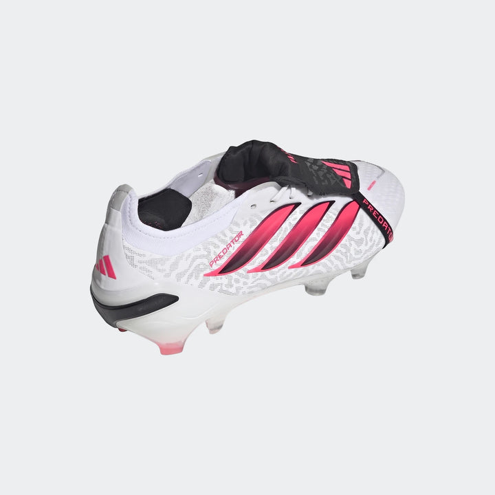 Adidas Predator Elite Fold-Over Tongue firm ground football boots in white and pink, shown from a side angle.