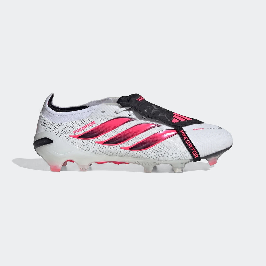 Adidas Predator Elite Fold-Over Tongue firm ground football boots in white, pink, and black, shown from a side view.