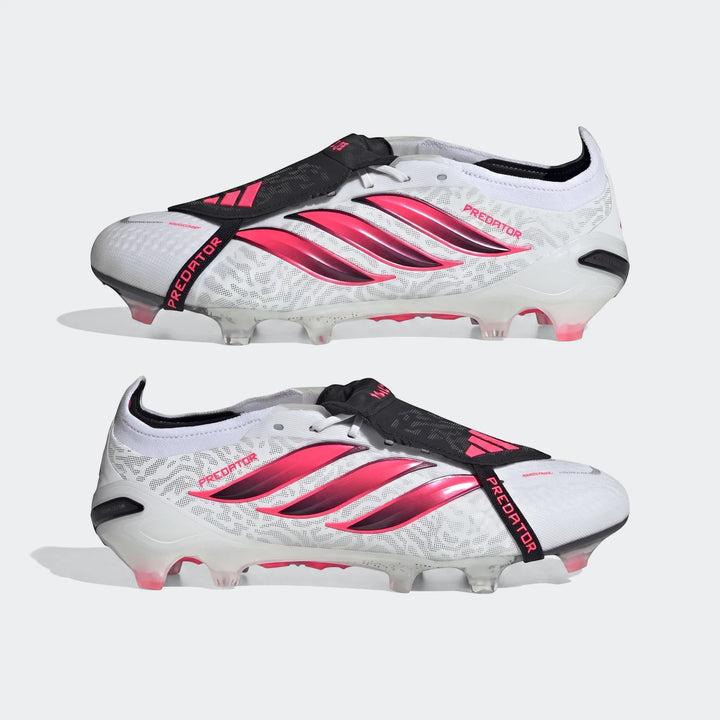 Pair of white and pink Adidas Predator Elite Fold-Over Tongue Firm Ground Football Boots, showing side and sole details.