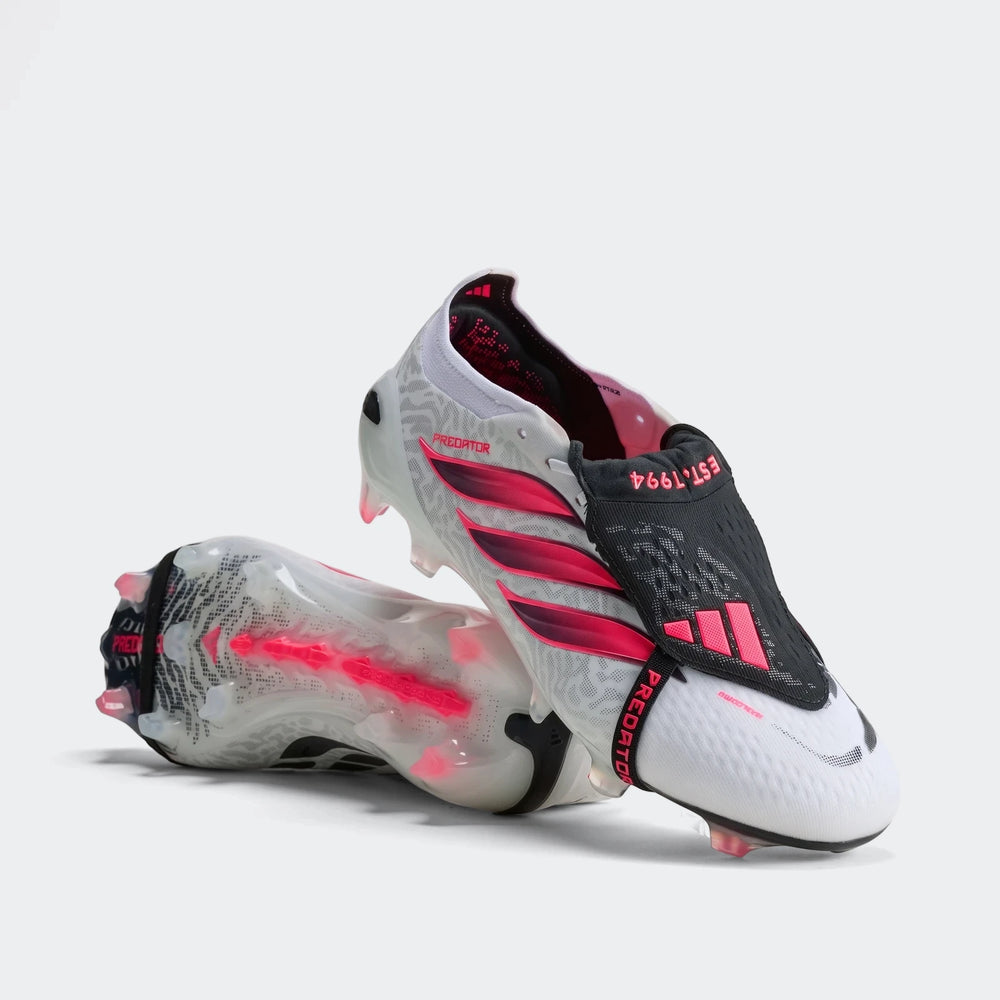 Adidas Predator Elite Fold-Over Tongue Firm Ground Football Boots in white, grey, pink, and black, displayed at a slight