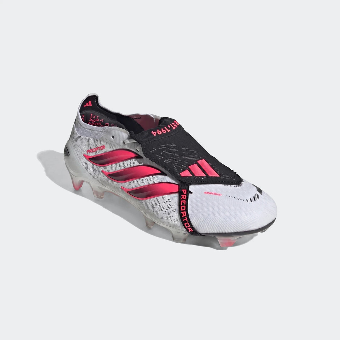 White and hot pink Adidas Predator Elite Fold-Over Tongue Firm Ground Football Boots, shown angled diagonally. Suitable for