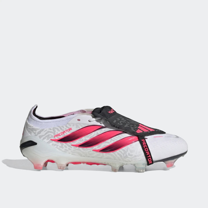 Adidas Predator Elite Fold-Over Tongue Firm Ground Football Boots in white with hot pink stripes, displayed in a