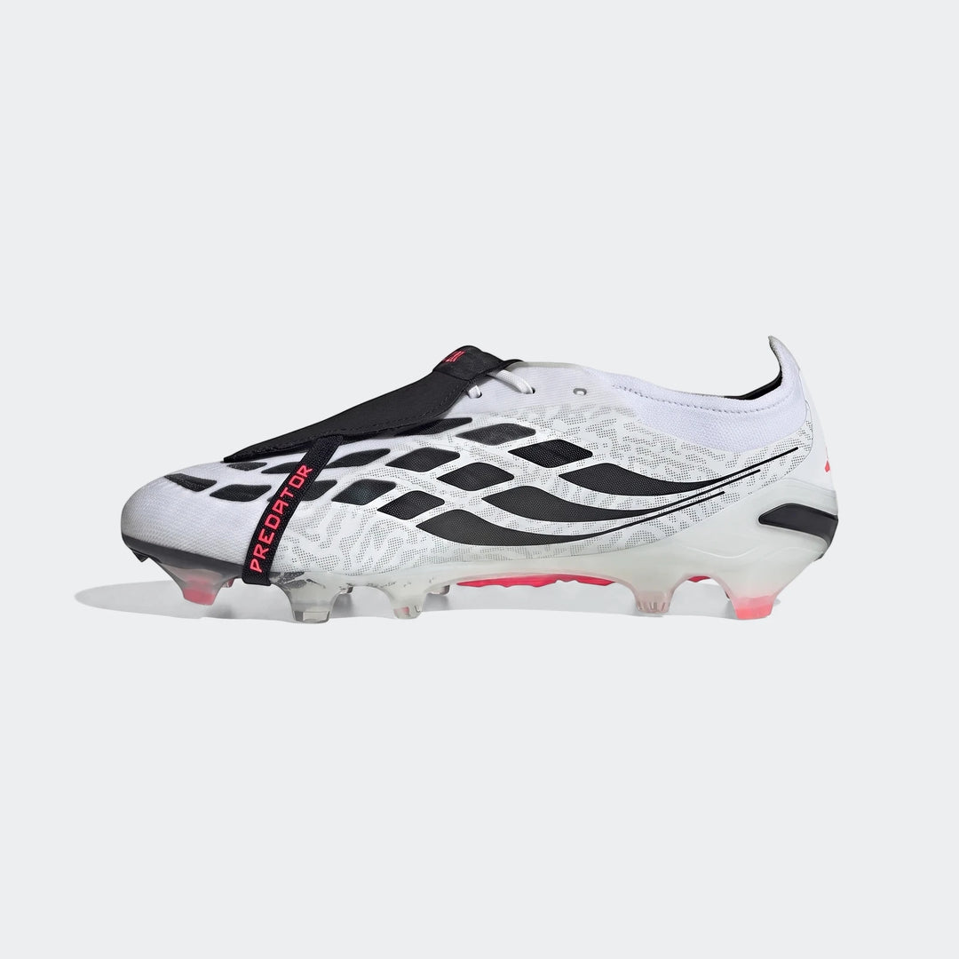 White and black Adidas Predator Elite Fold-Over Tongue Firm Ground Football Boots, side view.
