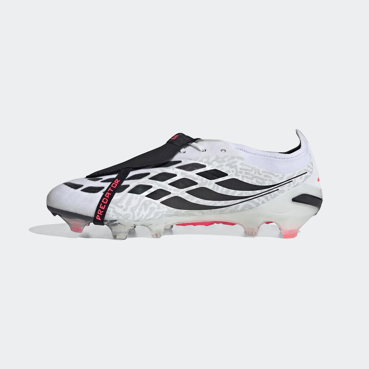 White and black Adidas Predator Elite Fold-Over Tongue Firm Ground Football Boots, side view.