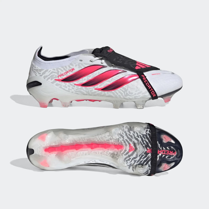 White and vibrant pink Adidas Predator Elite Fold-Over Tongue Firm Ground Football Boots, shown in a side and bottom view.