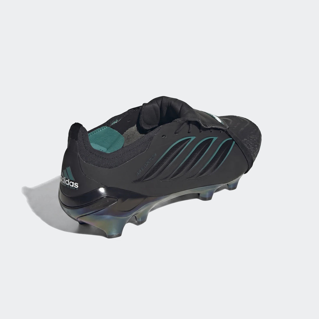 Black Adidas Predator Elite Ft Fg Eqt football boots with teal accents and an iridescent cleated sole, viewed from a