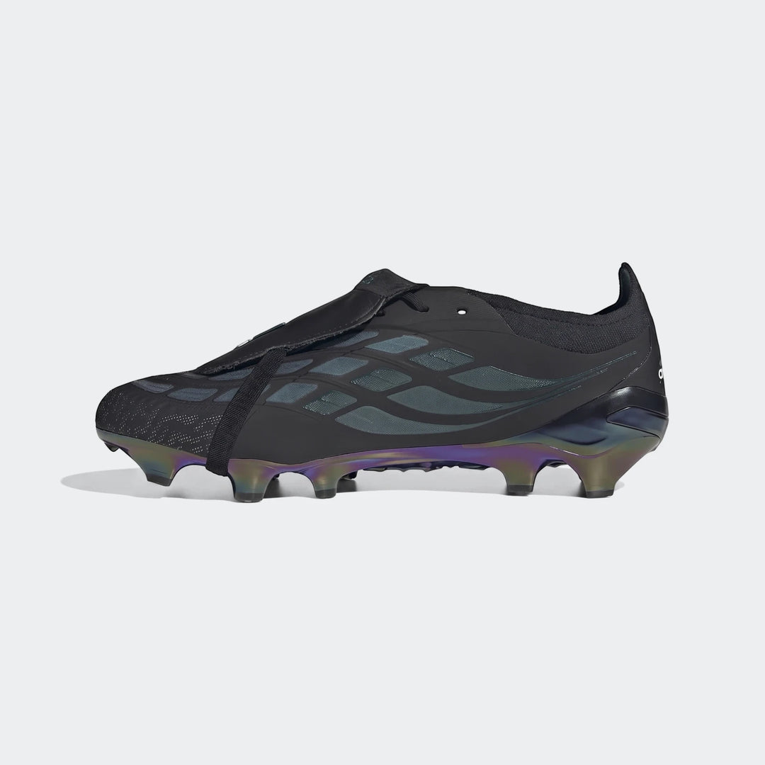 Black Adidas Predator Elite FT FG EQT football boots with iridescent stud sole plate, shown in a side profile view.