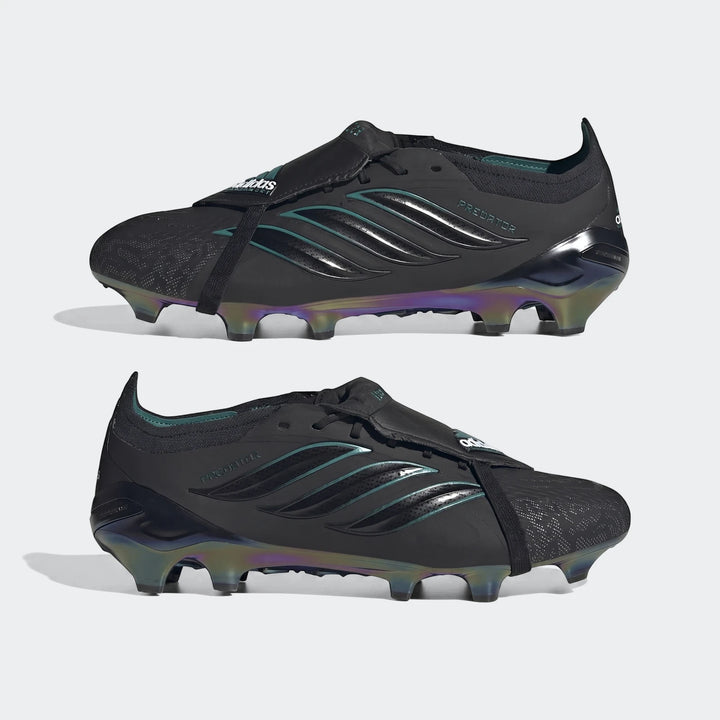 Pair of black Adidas Predator Elite FT FG EQT football boots with iridescent soles, studio shot.