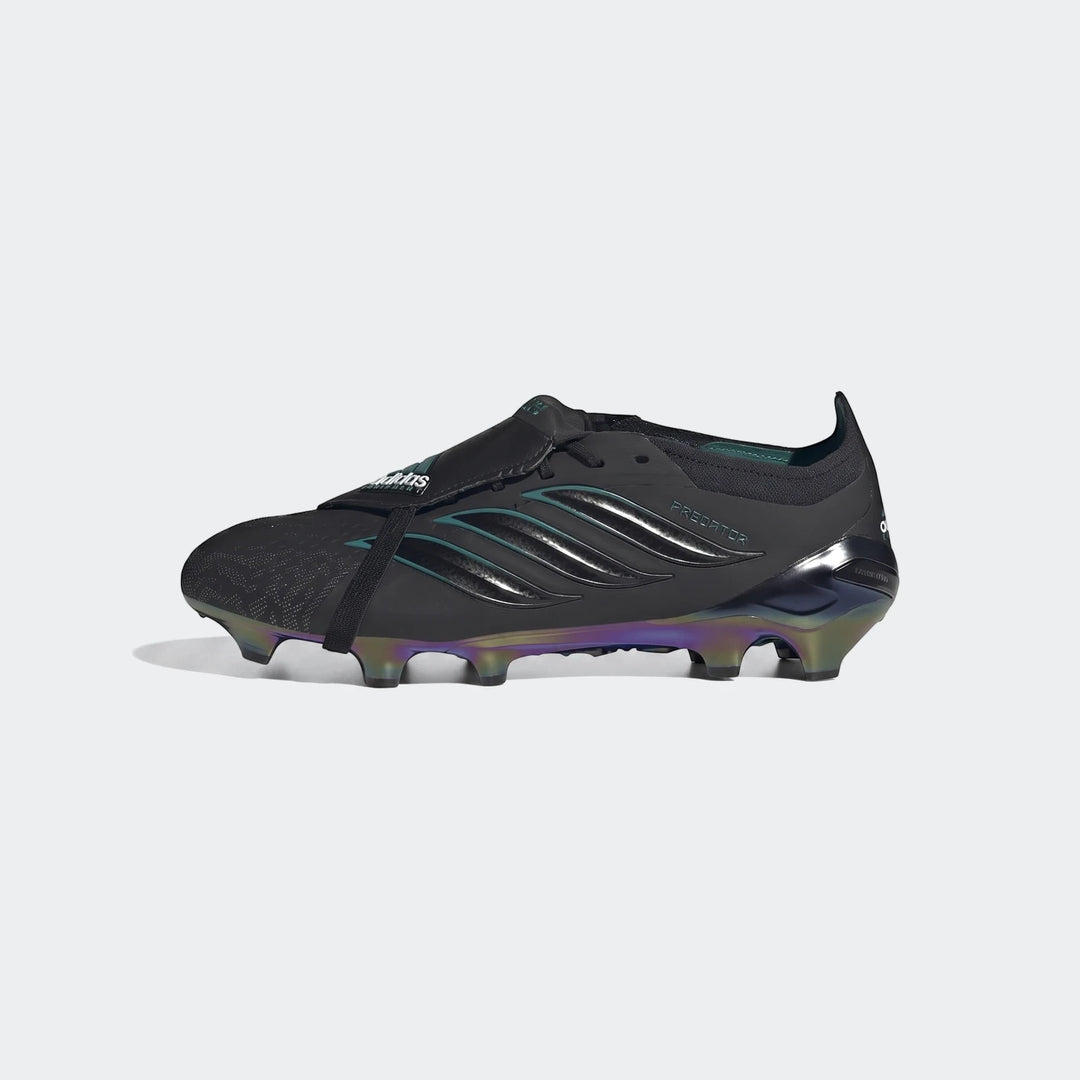 Black Adidas Predator Elite Ft Fg Eqt Football Boots with iridescent soleplate, shown in a detailed side view.