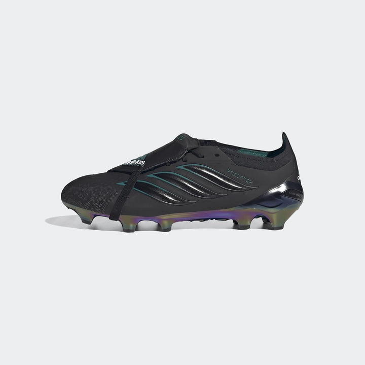 Black Adidas Predator Elite Ft Fg Eqt Football Boots with iridescent soleplate, shown in a detailed side view.