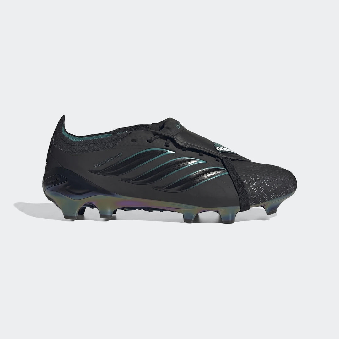 Black Adidas Predator Elite Ft Fg Eqt football boots with iridescent stripes and sole, viewed from the side.