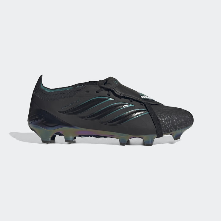 Black Adidas Predator Elite Ft Fg Eqt football boots with iridescent stripes and sole, viewed from the side.