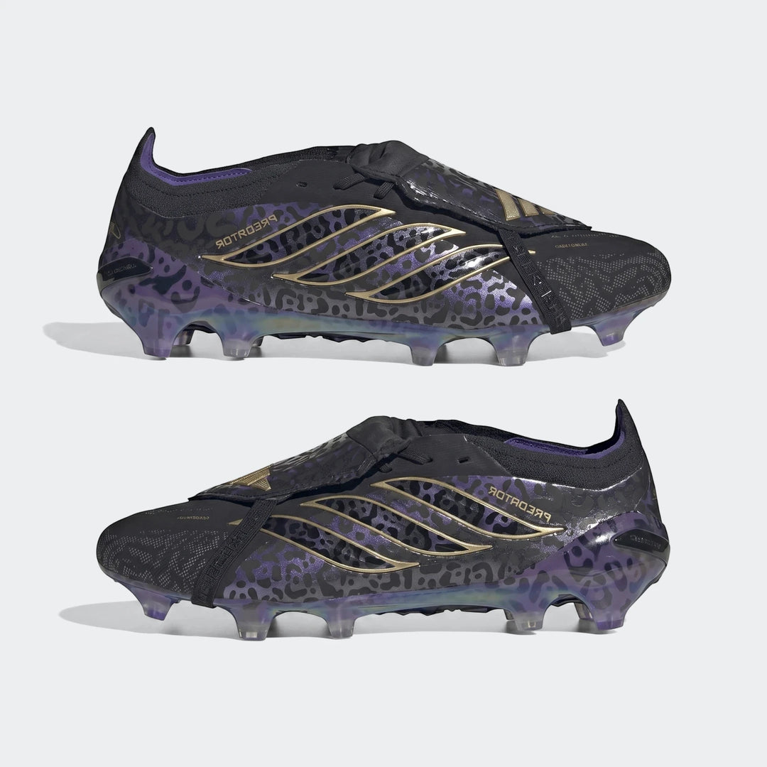 Pair of Adidas Predator Elite Ft Fg Kaka Edition football boots in black with purple leopard print and gold stripes.